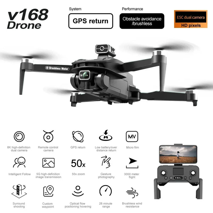 V168 Pro 5G Wifi 8K HD Dual Camera GPS Obstacle Avoidance Brushless Motor Drone On Sale