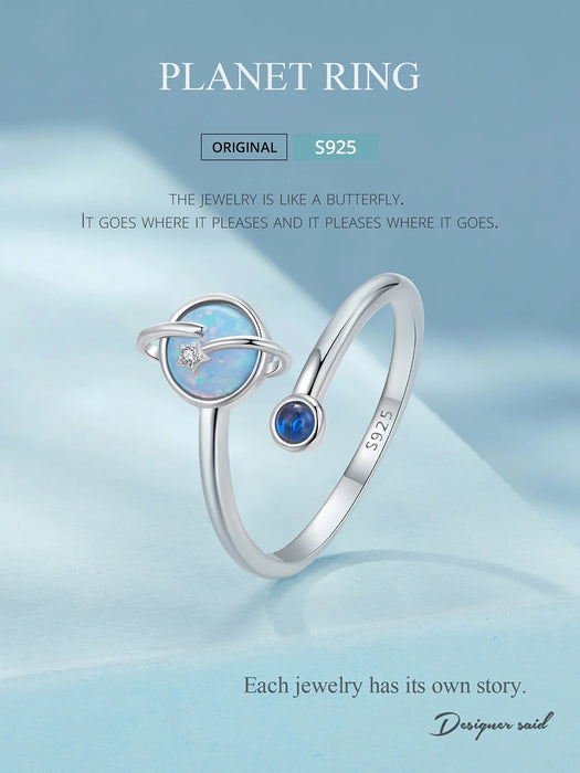 925 Sterling Silver White Gold Plated Blue Opal Planet Open Ring Jewelry On Sale