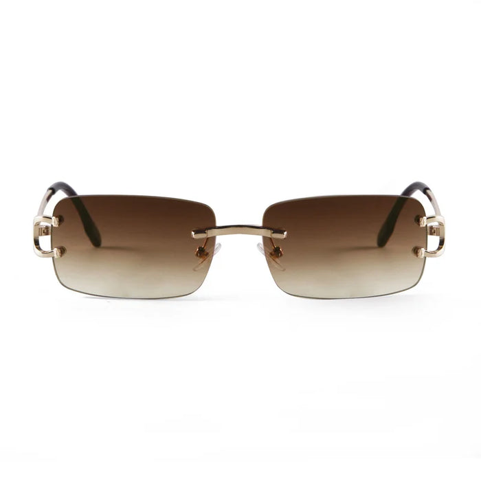 Classic Rectangular Rimless Sunglasses On Sale - Gold Double Brown