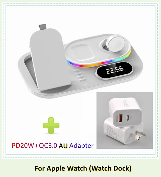 4 in 1 Wireless Fast Qi Charging Dock Station With LED Night Light And Time Display On Sale
