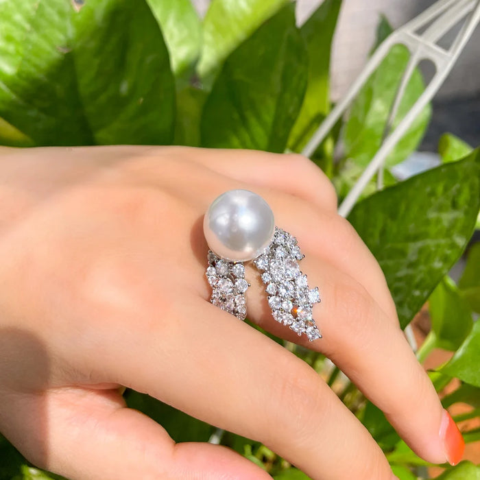 Exquisite Pearl Cubic Zircon White Gold Plated Adjustable Ring on Sale