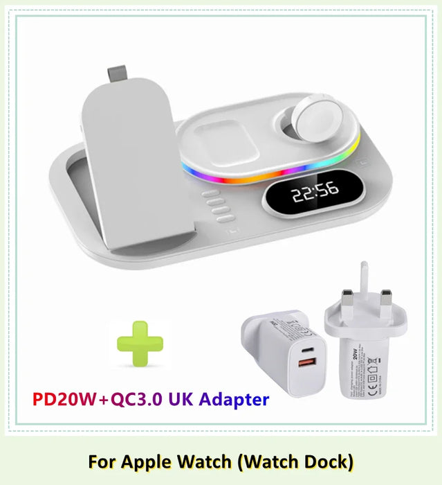 4 in 1 Wireless Fast Qi Charging Dock Station With LED Night Light And Time Display On Sale