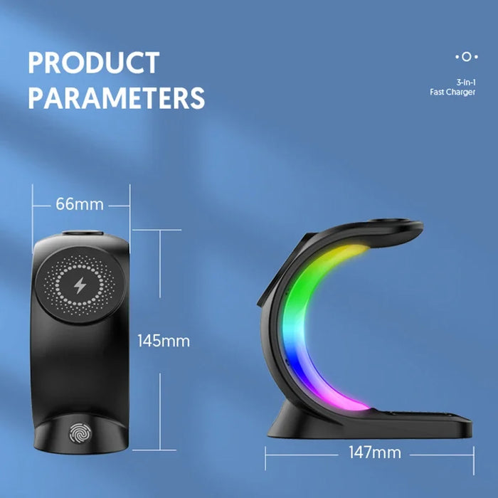3 in 1 Magnetic Wireless Fast Charging Dock Station With RGB Night Light for iPhones, Apple Watches, and AirPods On Sale