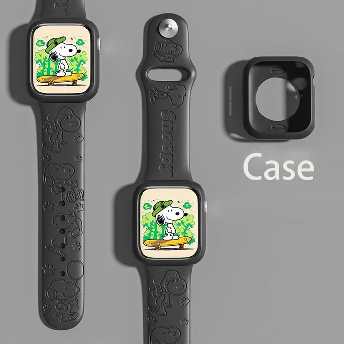 Snoopy Friends Theme Design Black Silicone Apple Watch Band With Watch Case 49mm, 41mm, 45mm, 44mm, 42mm, 40mm, 38mm On Sale