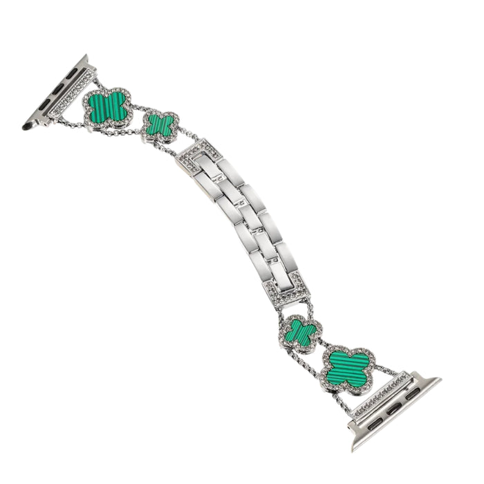 Silver Green Cloverleaf Diamond Women Stainless Steel Apple Watch Bracelet For Ultra, 49mm, 46mm, 45mm, 44mm, 42mm, 41mm, 40mm, 38mm On Sale