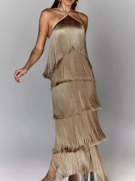 Metallic Color Halter Neckline Sequin Tassel Fringe Layered Long Dresses On Sale