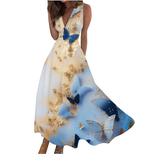Gold Blue Butterfly Printed Dress On Sale