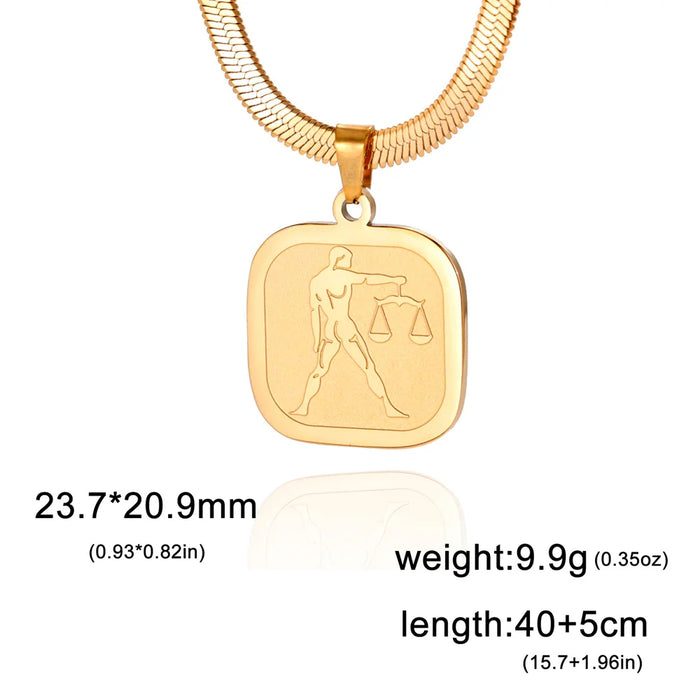 12 Constellation Libra Zodiac Square Medallion Pendant Snake Chain Necklaces On Sale