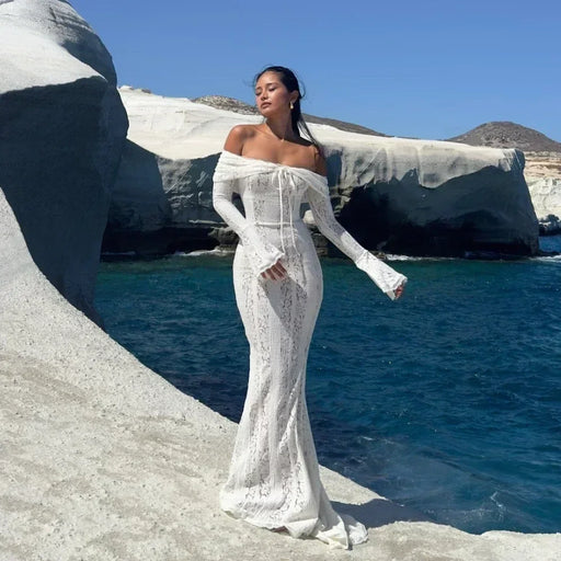 Lady In Love Off The Shoulder Bodycon White Lace Maxi Dress On Sale