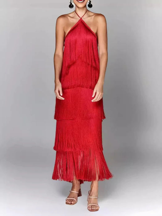 Metallic Red Halter Neckline Sequin Tassel Fringe Layered Long Dresses On Sale