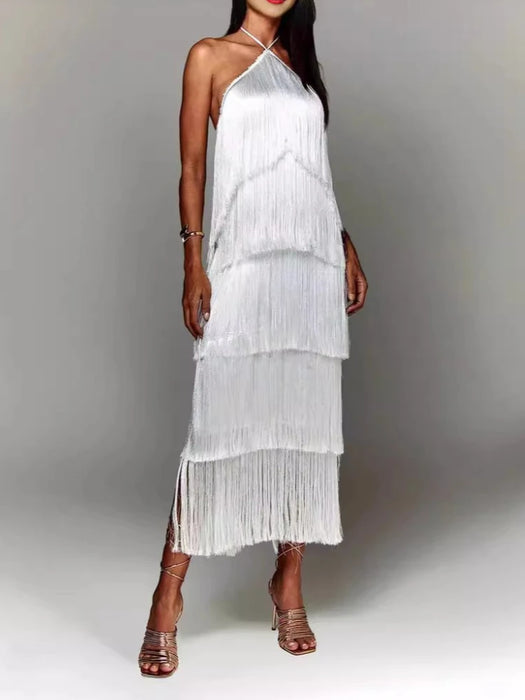 Metallic White Halter Neckline Sequin Tassel Fringe Layered Long Dresses On Sale