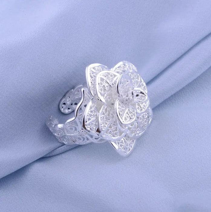 925 Sterling Silver 18k Gold Plated Three-Tiered Flower Blossom Charm Ring On Sale