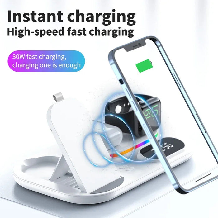 4 in 1 Wireless Fast Qi Charging Dock Station With LED Night Light And Time Display On Sale