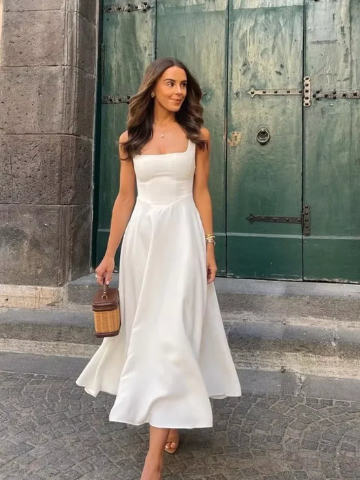 Elegant High-Waisted Squared Neckline Sleeveless A-line Sling Maxi White Dress On Sale