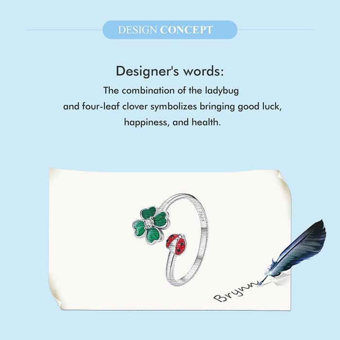 925 Sterling Silver Green Lucky Cloverleaf And Ladybug Ring On Sale