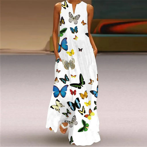 Butterfly V-neck Casual Boho Style Sleeveless Pocket Large Size Long White Beach Dress On Sale