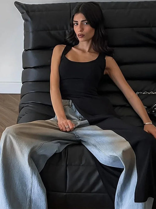 Women's Fitted Maxi High Side Slit Scoop Neck Tank Black Long Dress On Sale