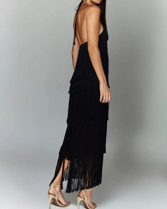 Metallic Black Halter Neckline Sequin Tassel Fringe Layered Long Dresses On Sale