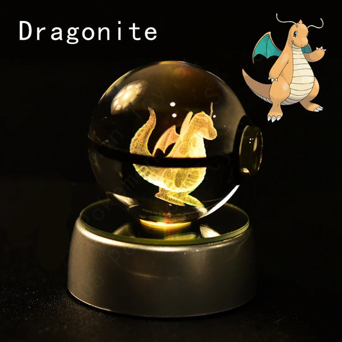 3D Crystal Glass Poke Ball Night Lights Collection Contained Inside Dragonite Pokemon Characters On Sale
