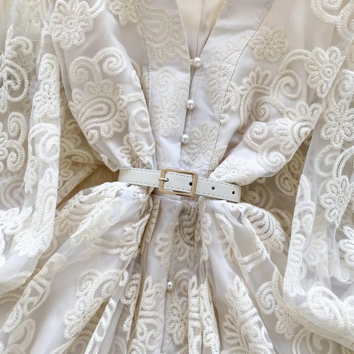 Apricot Elegant Vintage French Embroidery Lace Style Long Lantern Sleeves Shirt Dress On Sale