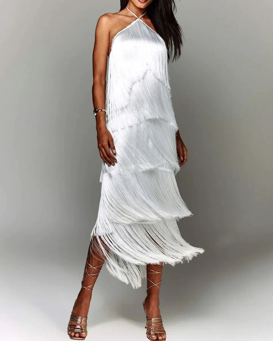 Metallic White Halter Neckline Sequin Tassel Fringe Layered Long Dresses On Sale