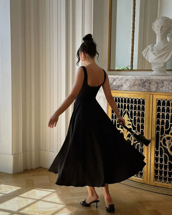 Elegant High-Waisted Squared Neckline Sleeveless A-line Sling Maxi Black Dress On Sale