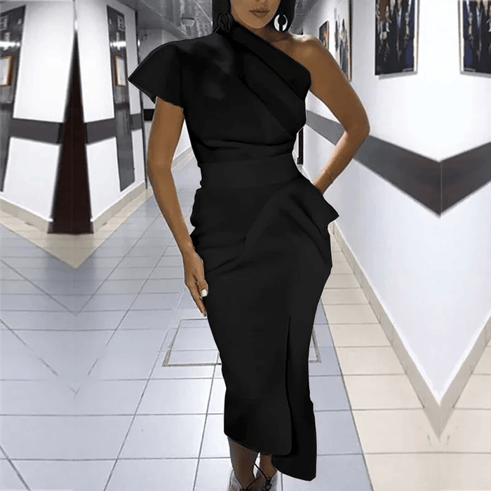 Sexy Black Asymmetric One Shoulder Cocktail Party Ruched Dress On Sale