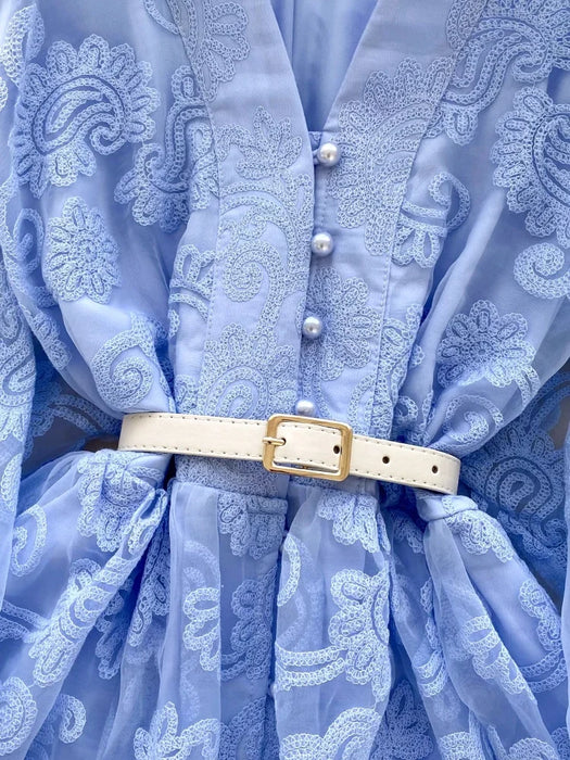 Blue Elegant Vintage French Embroidery Lace Style Long Lantern Sleeves Shirt Dress On Sale