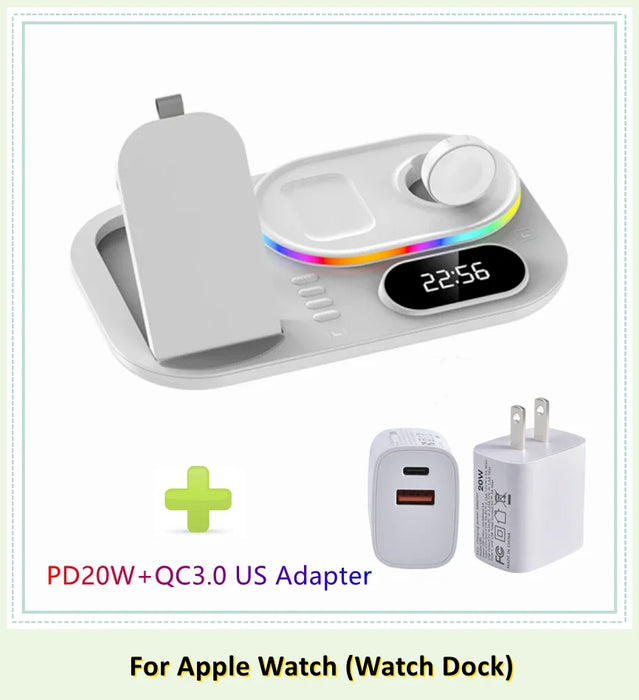 4 in 1 Wireless Fast Qi Charging Dock Station With LED Night Light And Time Display On Sale