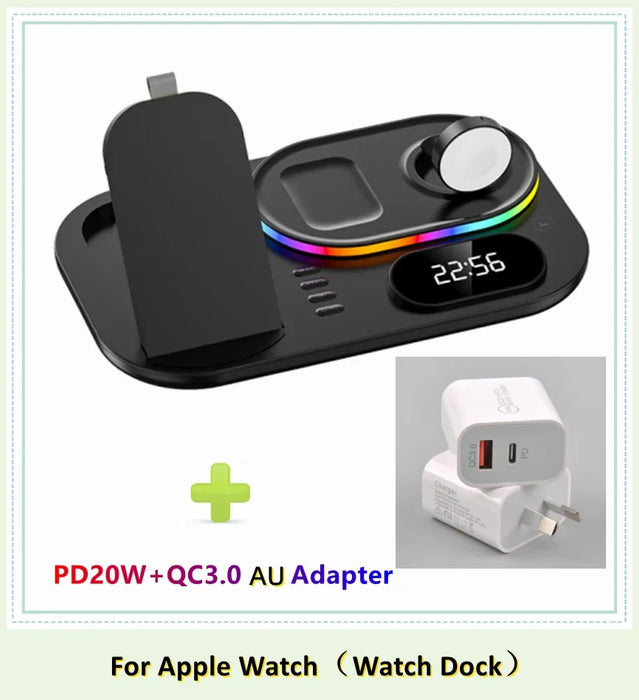 4 in 1 Wireless Fast Qi Charging Dock Station With LED Night Light And Time Display On Sale