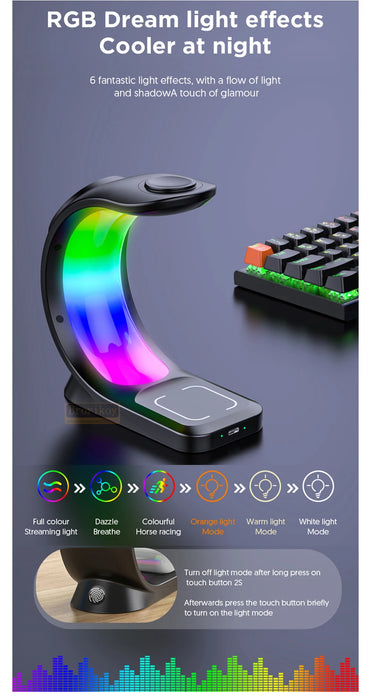 3 in 1 Magnetic Wireless Fast Charging Dock Station With RGB Night Light for iPhones, Apple Watches, and AirPods On Sale