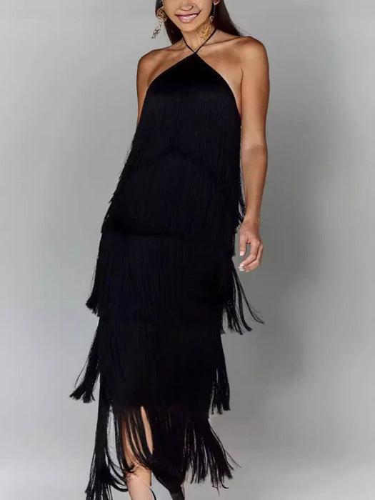 Metallic Black Halter Neckline Sequin Tassel Fringe Layered Long Dresses On Sale