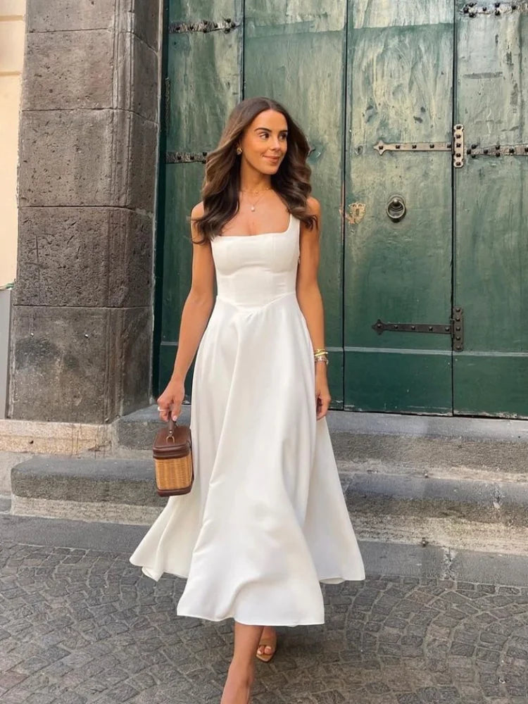 high neck midi white dress Square Neckline Sleeveless A-line Dress