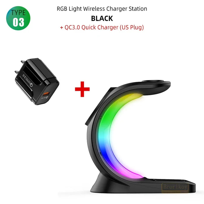 3 in 1 Magnetic Wireless Fast Charging Dock Station With RGB Night Light for iPhones, Apple Watches, and AirPods On Sale