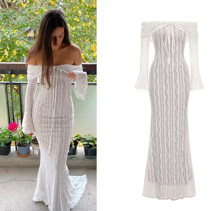 Lady In Love Off The Shoulder Bodycon White Lace Maxi Dress On Sale