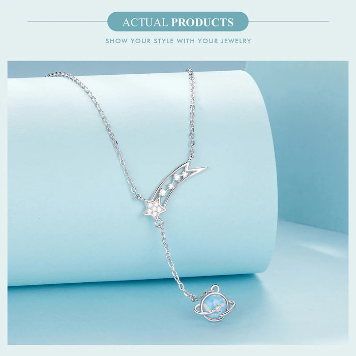 925 Sterling Silver White Gold Plated Blue Opal Planet Pendant Necklace Jewelry Sets On Sale