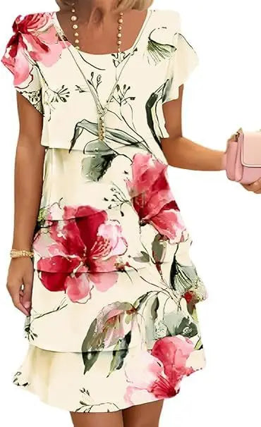 Women's Floral Print Crew Neck Short Sleeves Tiered Chiffon Dresses On Sale
