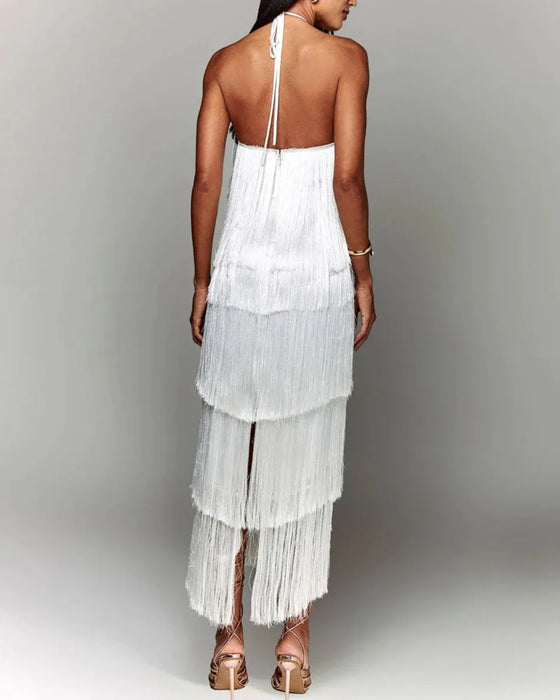 Metallic White Halter Neckline Sequin Tassel Fringe Layered Long Dresses On Sale