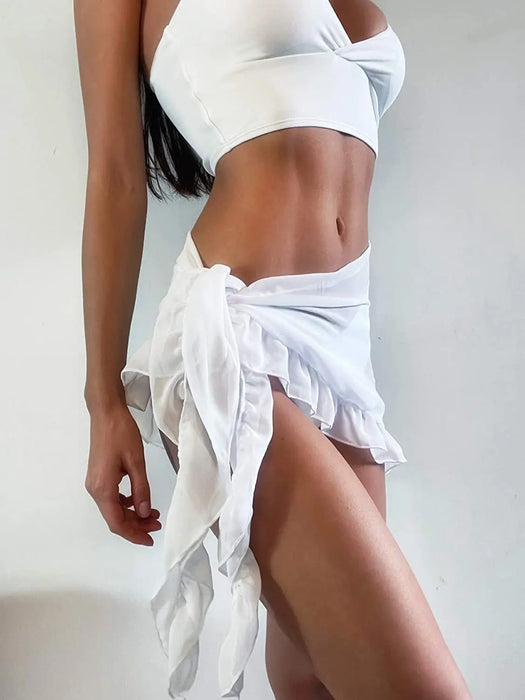 White Beach Bikini Short Ruffle Sarong Scarf for Swimwear Cover-ups On Sale
