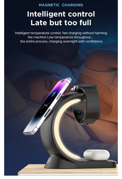 3 in 1 Magnetic Wireless Fast Charging Dock Station With RGB Night Light for iPhones, Apple Watches, and AirPods On Sale