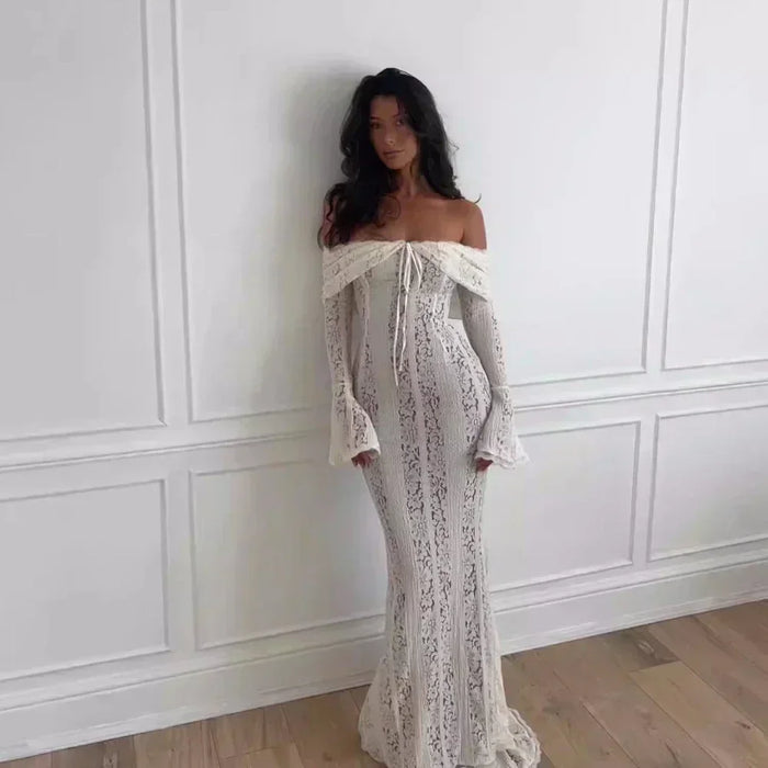 Lady In Love Off The Shoulder Bodycon White Lace Maxi Dress On Sale