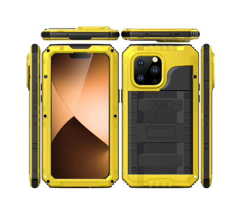 Yellow Heavy Duty Metal Waterproof Shockproof Protective Case With Kickstand For iPhone 15 Pro Max 14 Pro 13 Pro Max 12 11 On Sale