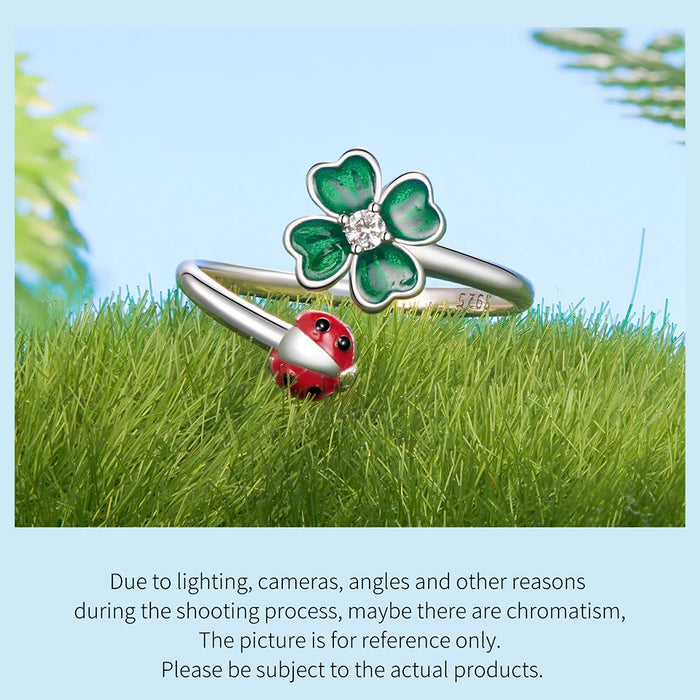 925 Sterling Silver Green Lucky Cloverleaf And Ladybug Ring On Sale