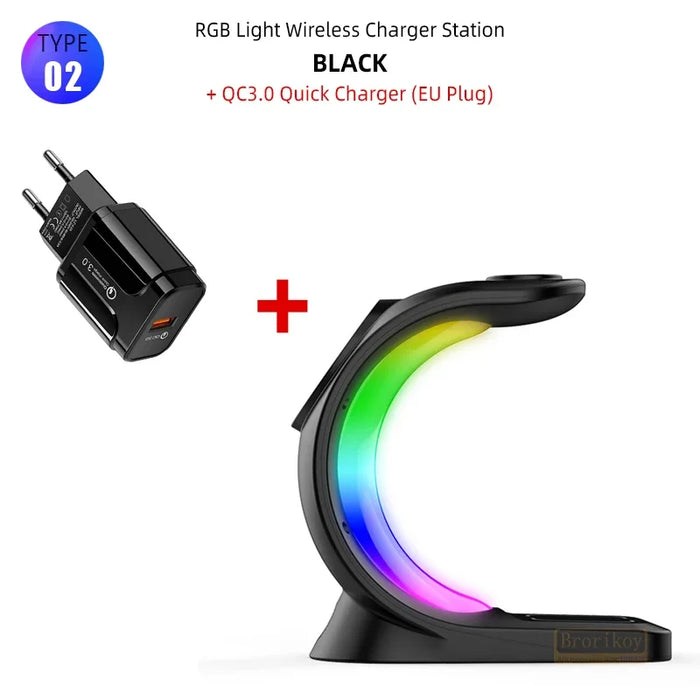 3 in 1 Magnetic Wireless Fast Charging Dock Station With RGB Night Light for iPhones, Apple Watches, and AirPods On Sale