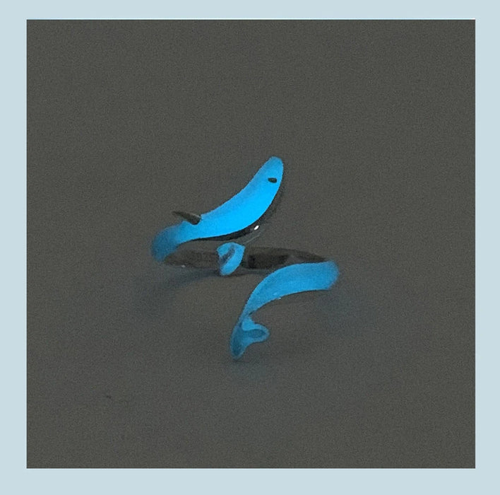 925 Sterling Silver White Gold Plated Glow-in-the-dark Enamel Whale Adjustable Rings On Sale