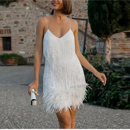 White Spaghetti Strap Tassel Sequins Feather Fringe Mini Dress On Sale