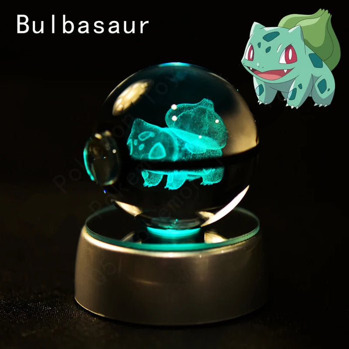 3D Crystal Glass Poke Ball Night Lights Collection Contained Inside Bulbasaur Pokemon Characters On Sale