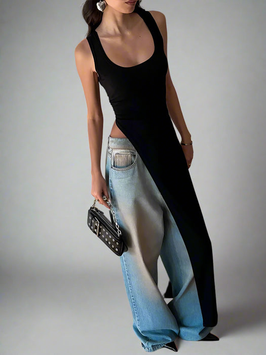 Women's Fitted Maxi High Side Slit Scoop Neck Tank Black Long Dress On Sale