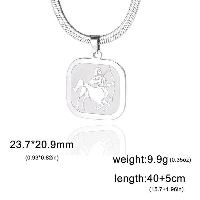 12 Constellation Sagittarius Zodiac Square Medallion Pendant Snake Chain Necklaces On Sale