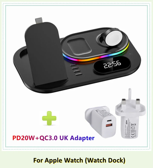 4 in 1 Wireless Fast Qi Charging Dock Station With LED Night Light And Time Display On Sale